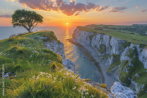 A stunning sunset over the white cliffs of dover, with lush greenery and wildflowers on one side overlooking calm blue waters. Created with Ai