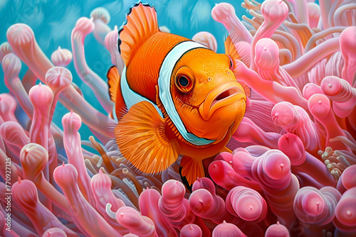 Watercolor art of a bright orange clownfish, its stripes blending seamlessly into the pink hues of an anemone, set against a deep blue sea canvas