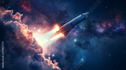 Rocket launch into space on a blue background of the night starry sky with smoke around the composition. On the Day of Aviation and Cosmonautics