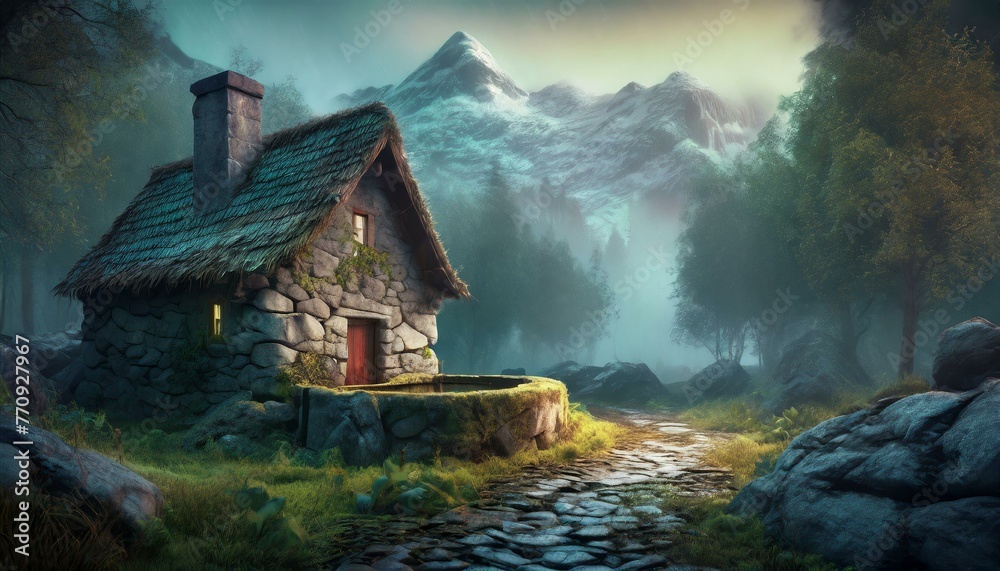 picturesque small cottage made of stone surrounded by a rock wall and a small well sits off to one side in a forest clearing. A stone cobbled road runs past off to the distant snowy mountains.  - obrazy, fototapety, plakaty 