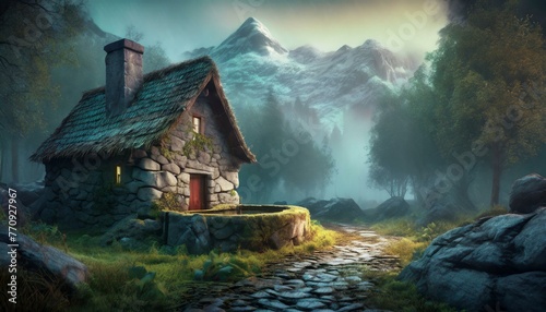 picturesque small cottage made of stone surrounded by a rock wall and a small well sits off to one side in a forest clearing. A stone cobbled road runs past off to the distant snowy mountains. 