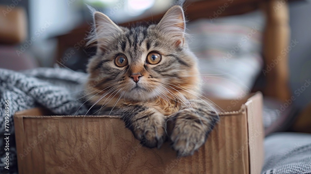 Fluffy striped cat in a cardboard box