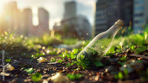 An empty glass bottle with green plants growing inside, lying on the ground in front of city buildings.