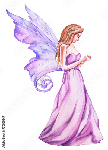 Fairy illustration isolated on white. Watercolor fairytale fairy painting.