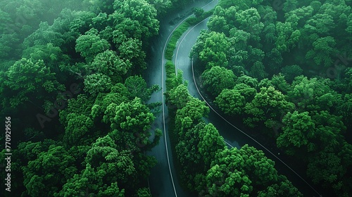 A picturesque overhead image capturing the sinuous path of a rain-kissed road as it winds through a breathtakingly beautiful green forest.