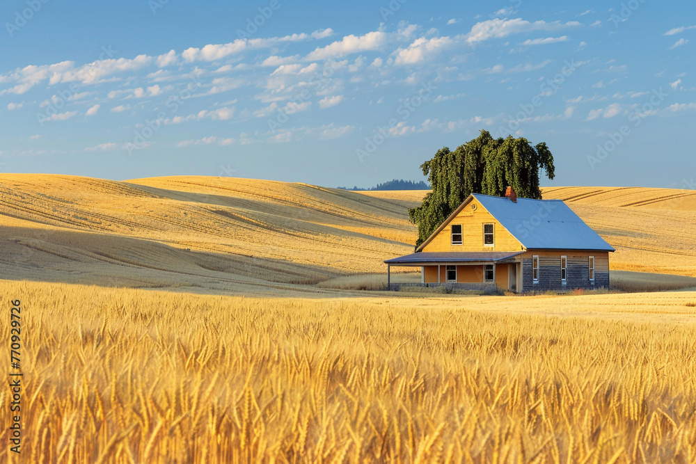 farm house in the field of wheat