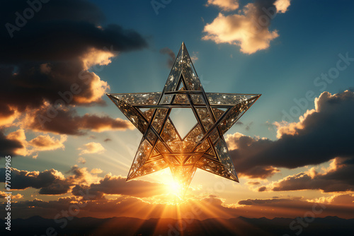 Christian illustration made with generative AI of star of david symbol on blue background