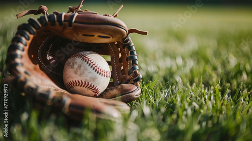 baseball glove and ball on grass, close up and blurred background