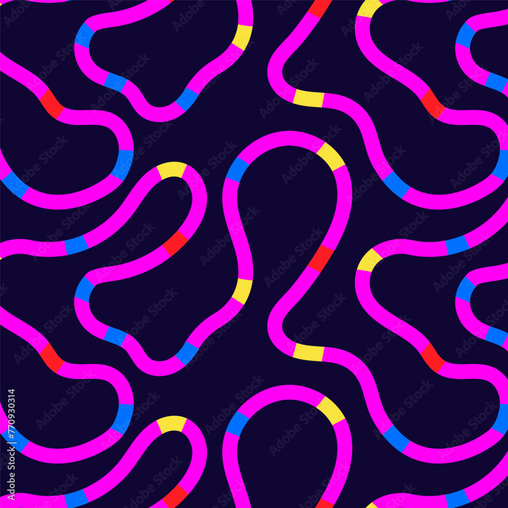 Cute colorful line doodle seamless pattern with squiggles. Creative minimalist style art background for children or trendy design with basic shapes. Simple party confetti texture
