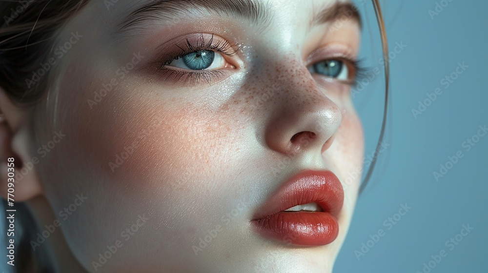 A portrait capturing the ethereal beauty and perfect smoothness of a young woman's skin, illustrating the artistry of cosmetics and cosmetology.