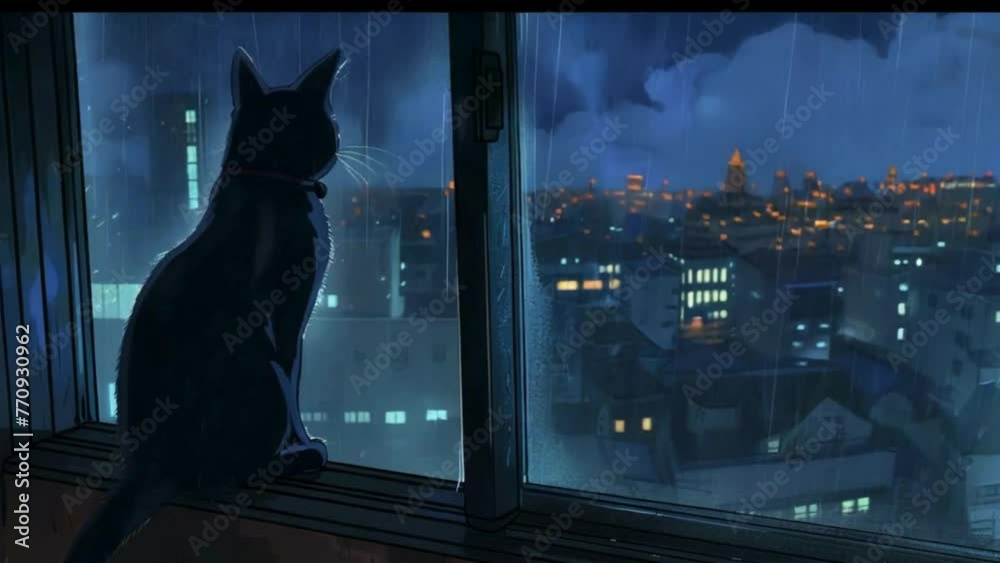 A cat sitting on the window looking at the rain falling in the city at night, in the style of anime loop animation. 4k animation video.