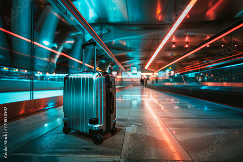 A rolling suitcase iluminated in the airport, blue and red cinematic lights photo