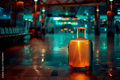 A rolling suitcase iluminated in the airport, blue and orangedark cinematic lights photo