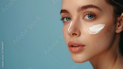 Beautiful woman applied care cream to her face, isolated blue background