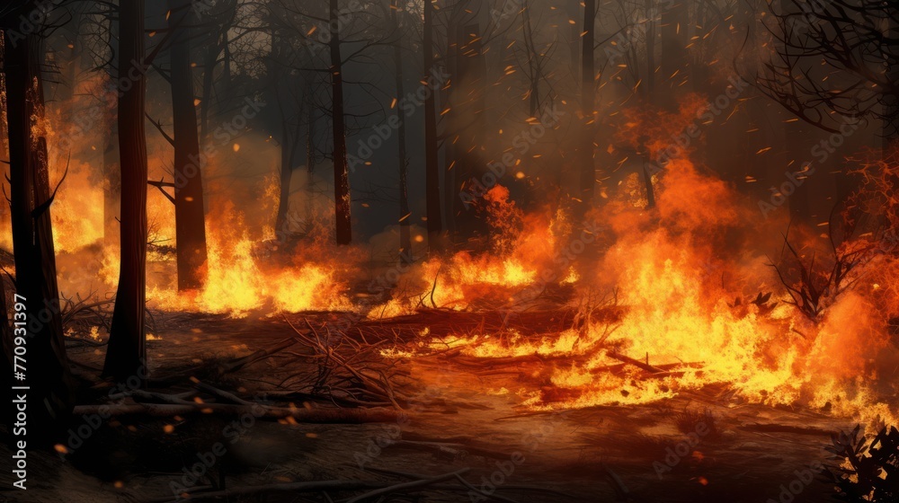Wildfire disaster scene, fierce flames consuming forest, urgent call for climate change action. Wildfire disaster scene, fierce flames consuming forest, urgent call for climate change action.