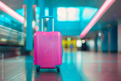 A pink rolling suitcase in a colorful station hall