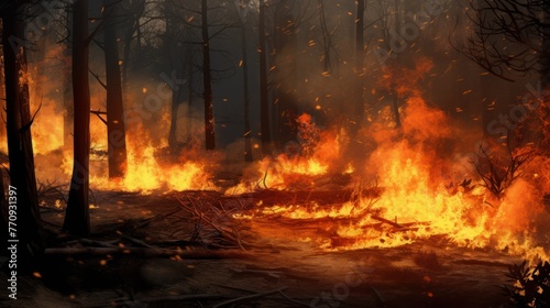 Wildfire disaster scene, fierce flames consuming forest, urgent call for climate change action.