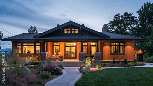 The tranquil light of early evening highlighting a terracotta Craftsman style house, suburban routine transitioning as families wind down, calm and serene