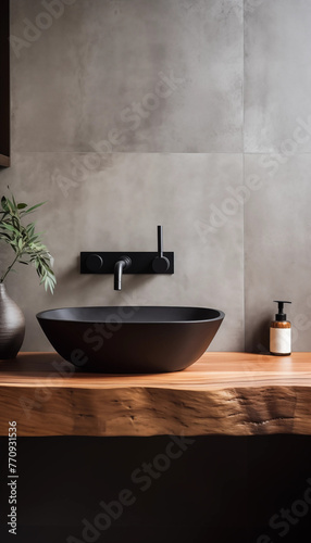 Black vessel sink and faucet on wooden countertop with plant and soap bottle in modern bathroom interior