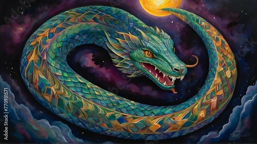 A dazzling celestial holographic display unfolds in a gouache painting, showcasing a mythical creature known as the Starlight Serpent. The painting, rich in colors and textures, captures the intricate