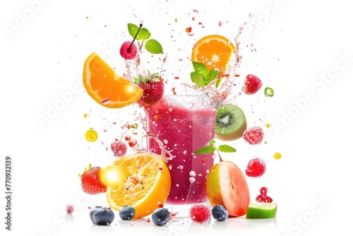 Smoothie drink with fruit flying ingredients  isolated on white background