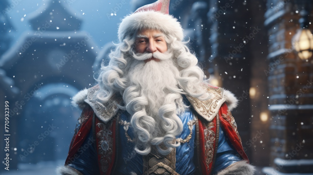 Celebrate Christmas joy with a close-up of Santa Claus, his white beard and mustache standing out against the falling evening snow-a magical holiday scene.
