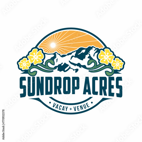 acres mountains logo template with sundrop flower, outdoor mountain logo