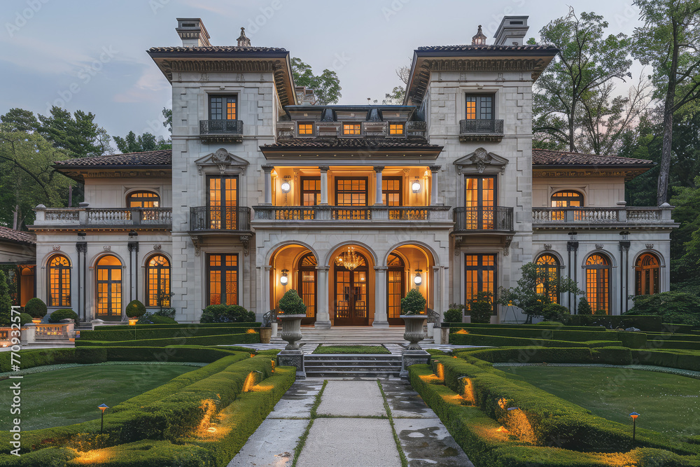 A wide shot of the exterior front facade of an old world style mansion at night, with its symmetrical design, arched windows in light grey stone, bronze accents, hedges. Created with Ai