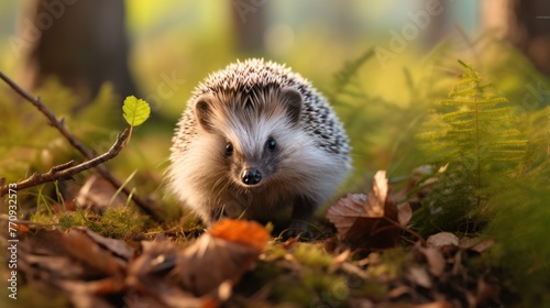 Witness the magic of nature with a hedgehog in its natural habitat-a delightful scene against the backdrop of a vibrant summer forest.