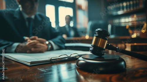 Judges Gavel on Wooden Table in Library photo