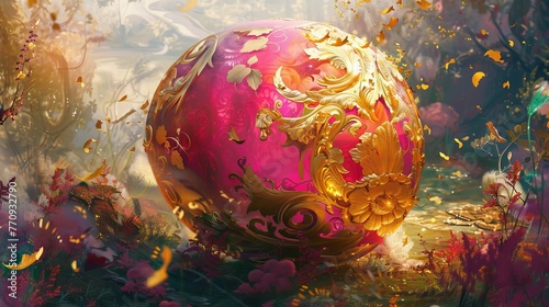 illustration of golden pattern on pink sphere
