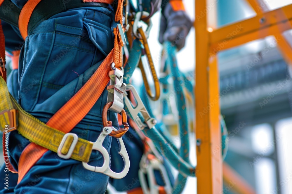 Work on high-altitude equipment. Fall arrest device for worker with safety belt hooks Work on high-altitude equipment. Fall arrest device for worker with safety belt hooks