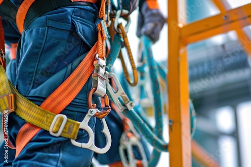 Work on high-altitude equipment. Fall arrest device for worker with safety belt hooks photo
