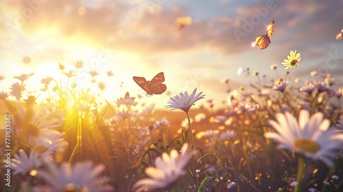 A sunlit vista of daisies stretching to the horizon, their petals swaying gently in the breeze while butterflies dance and flutter in the warm summer air. © Tanveer