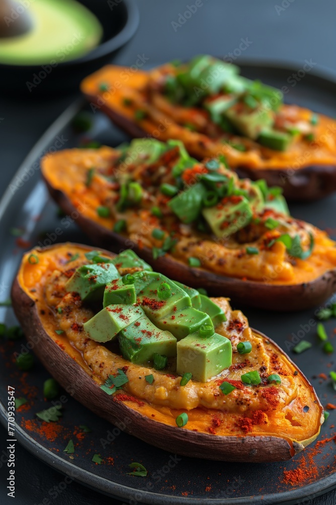 Baked sweet potatoes topped with melted cheese, avocado, green onions, and a sprinkle of paprika Baked sweet potatoes topped with melted cheese, avocado, green onions, and a sprinkle of paprika