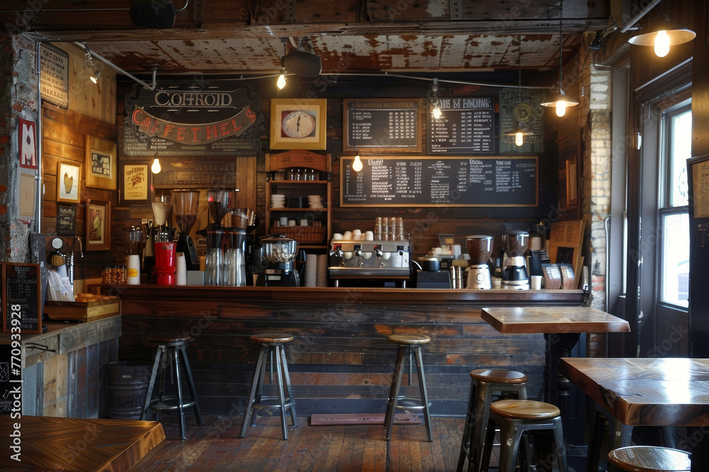 A coffee shop with a wooden bar and stools - obrazy, fototapety, plakaty 