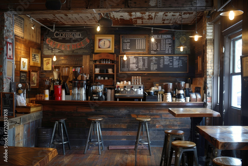 A coffee shop with a wooden bar and stools