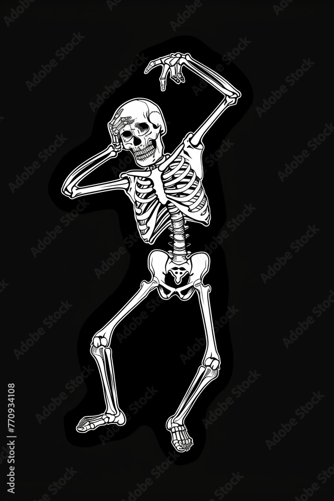 Pensive Skeleton Illustration, Skeletal Anatomy Pose, Humorous Bone Structure Artwork, Illustration of a skeleton in a thoughtful pose, Anatomical depiction of a skeleton with a humorous touch