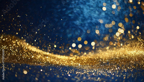 Abstract dark blue and gold background with Christmas golden light shine particles