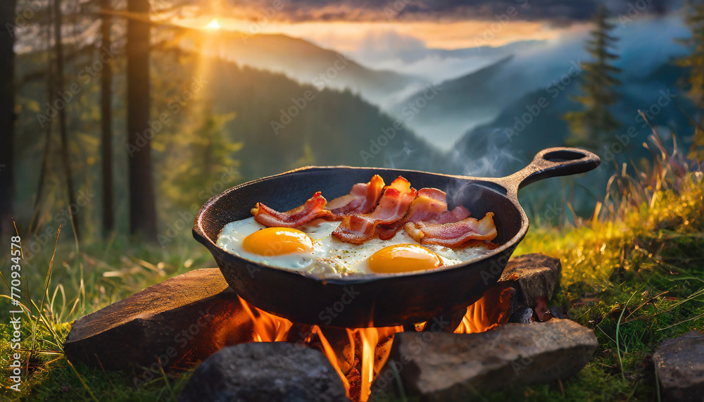 camping breakfast: bacon and eggs cooked in cast iron skillet camping breakfast: bacon and eggs cooked in cast iron skillet