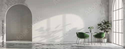 Minimalist dining room with green chairs, table and arch wall. Bright white background for product presentation of an empty mockup