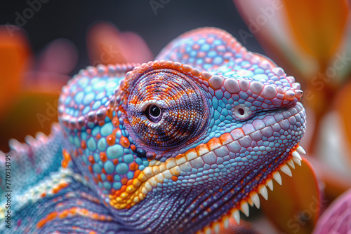 A colorful chameleon with its head tilted to the side, showcasing vibrant blue and pink scales against an out-of-focus background of red flowers. Created with Ai
