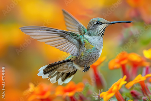 Close up of hummingbird in flight, colorful background with flowers, national geographic photography. Created with Ai