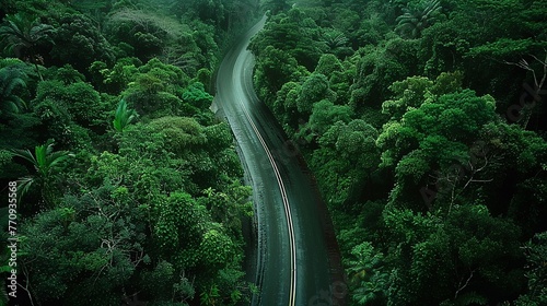 An HD aerial image showcasing a beautifully contoured road blending harmoniously with the lush greenery of a rain-drenched forest. © Tanveer