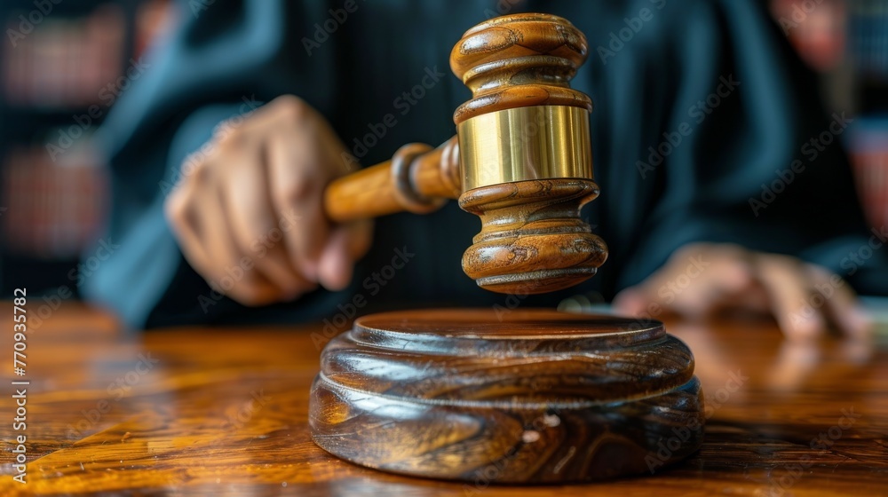 Judges Gavel on Wooden Table in Library - obrazy, fototapety, plakaty 
