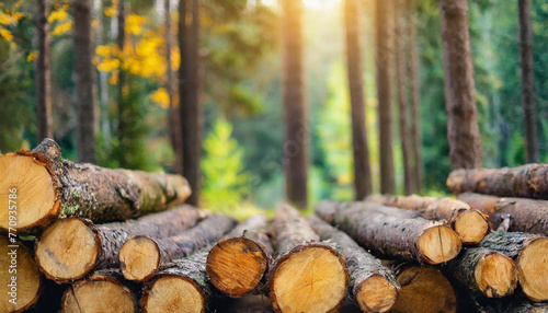 Pine and spruce trees, log trunks pile - symbolizing logging industry. Wide banner