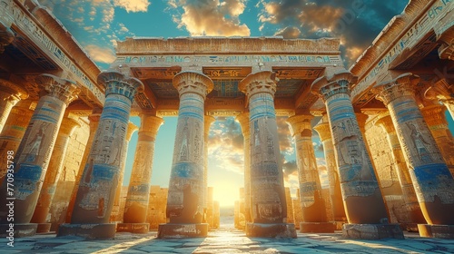 Sunlight Streaming Through Ancient Temple Columns