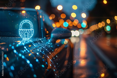 Digital padlock hologram over car dashboard on a wet urban night, symbolizing modern cybersecurity.