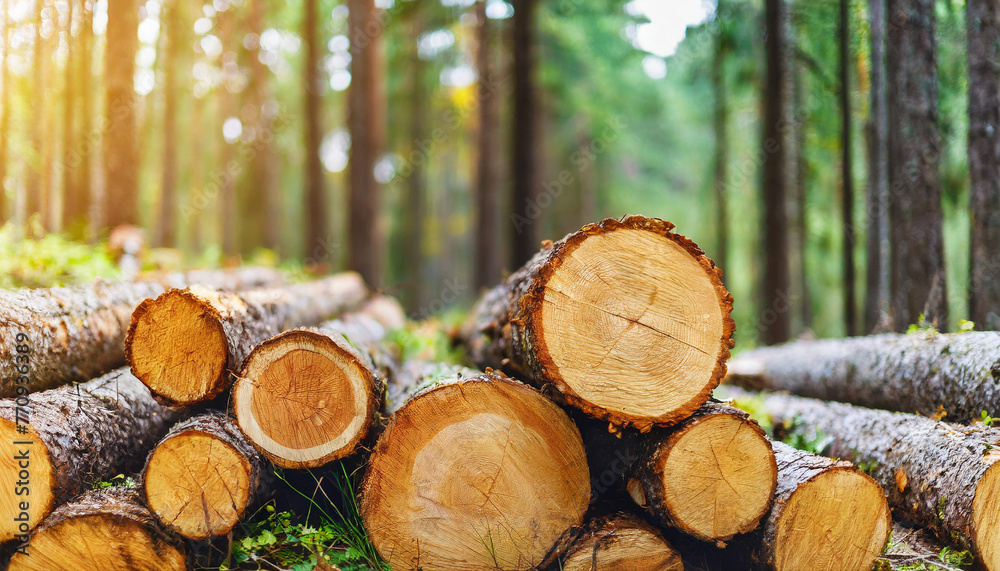 Pine and spruce trees, log trunks pile - symbolizing logging industry. Wide banner