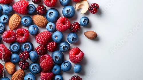 Berries and nuts on white background,  copy space  © Nataliia